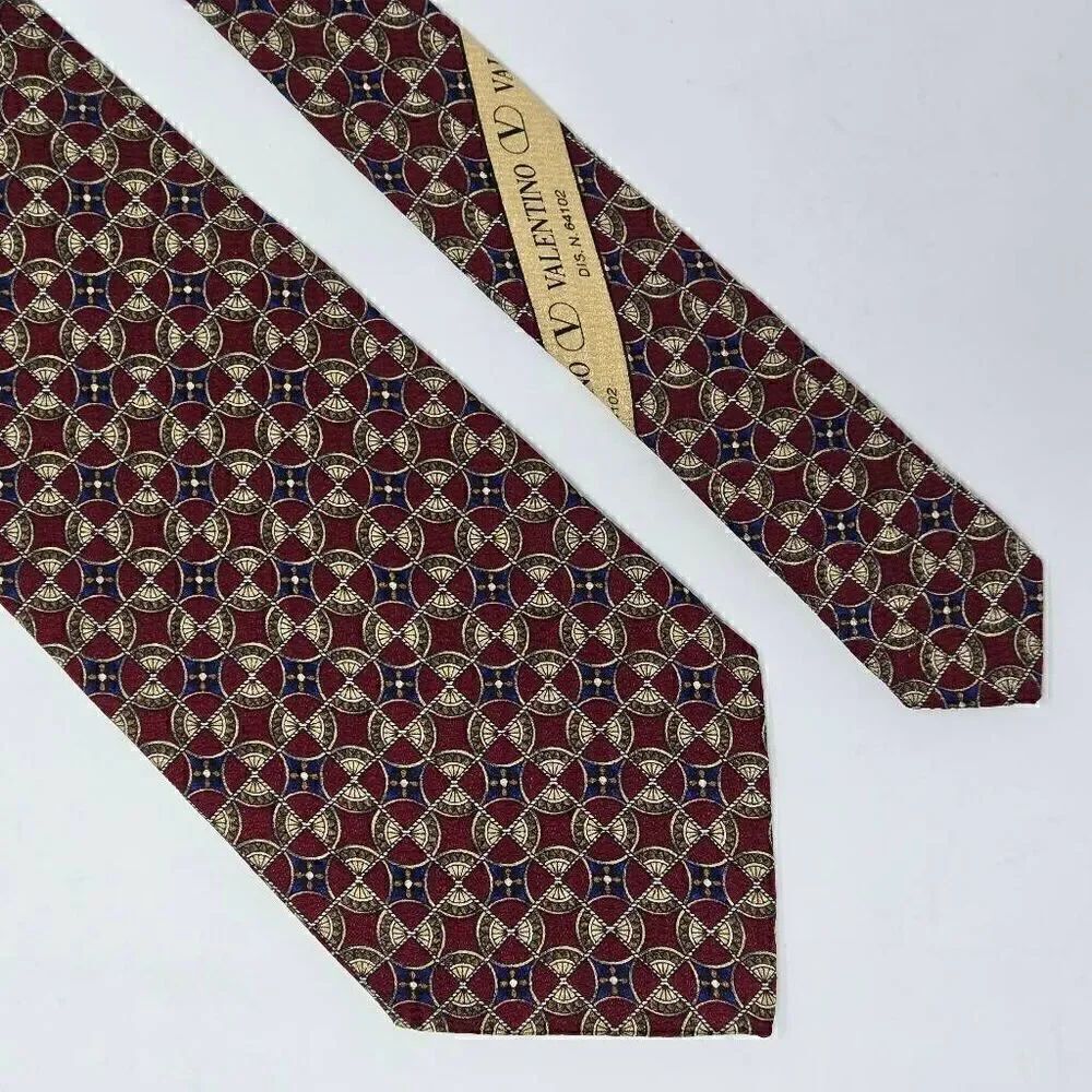 VALENTINO CRAVATTE ITALY SILK TIE RED BLUE GOLD GEOMETRIC SATIN 4" X 57"
